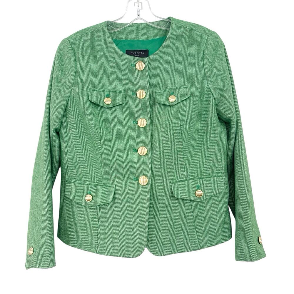 TALBOTS Blazer Kelly Green Tweed Lady Jacket Wool Old Money Size 4P Petite